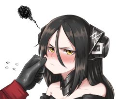 Rule 34 | 1girl, bare shoulders, black gloves, black hair, blush, cheek pinching, closed mouth, commentary request, dreamer (girls&#039; frontline), girls&#039; frontline, gloves, hair between eyes, highres, ingukoon, long hair, looking at viewer, pinching, sangvis ferri, simple background, solo focus, white background, yellow eyes