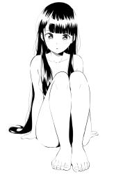 Rule 34 | 1girl, arm support, attsun (atsushi jb), barefoot, blunt bangs, blush, convenient leg, feet, feet together, full body, greyscale, hair censor, legs together, long hair, looking at viewer, monochrome, nude, original, parted lips, simple background, sitting, solo, toenails, toes, very long hair, white background