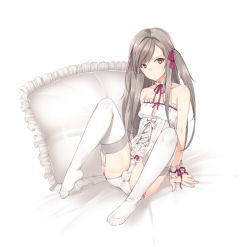 Rule 34 | 1boy, androgynous, brown eyes, brown hair, bulge, corset, crossdressing, erection, erection under clothes, garter belt, garter straps, highres, long hair, male focus, original, panties, penis, penis in panties, pillow, ribbon, sitting, solo, spread legs, tama (tamatamo), thighhighs, trap, twintails, two side up, underwear, wrist cuffs