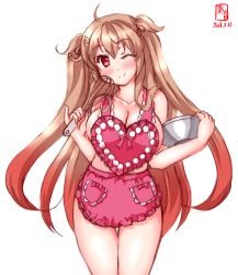 Rule 34 | 1girl, ;), ahoge, apron, bare shoulders, blush, breasts, brown hair, cleavage, commentary request, dated, hair ornament, hair ribbon, highres, holding, kanon (kurogane knights), kantai collection, large breasts, long hair, looking at viewer, murasame (kancolle), naked apron, no bra, one eye closed, red eyes, ribbon, shaker, simple background, sketch, smile, solo, standing, thigh gap, two side up