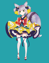 Rule 34 | 1girl, 999kun, animal ears, blue background, blush, bow, closed mouth, floral print, full body, green eyes, grey hair, hair bow, hair ornament, highres, japanese clothes, kimono, lolita fashion, long sleeves, looking at viewer, original, red bow, ribbon, sandals, short hair, simple background, sleeves past fingers, sleeves past wrists, solo, squirrel ears, squirrel girl, squirrel tail, standing, tail, thighhighs, wa lolita, white thighhighs, wide sleeves