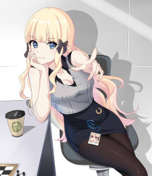 Rule 34 | 1girl, badge, bare shoulders, black bow, black pantyhose, blonde hair, blue eyes, blue skirt, bow, breasts, chair, chess piece, chessboard, closed mouth, cup, desk, disposable coffee cup, disposable cup, elf, hair bow, head rest, highres, kokkoro (princess connect!), lanyard, looking at viewer, maxwelzy, office lady, open mouth, pantyhose, pointing, pointing at viewer, pointy ears, princess connect!, saren (princess connect!), shadow, sidelocks, sitting, skirt, solo
