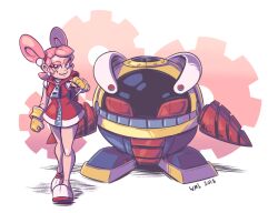 Rule 34 | 1girl, bare legs, clenched hands, dated, double bun, dress, drill dozer, earrings, gloves, hair bun, jewelry, jill (drill dozer), looking at viewer, mecha, pink hair, red dress, red eyes, robot, shoes, smile, walking, white footwear, wide mouth ink, yellow gloves, zipper, zipper pull tab