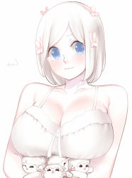 Rule 34 | blue eyes, breasts, bug, butterfly, cleavage, dskn, huge breasts, insect, original, sheep, simple background, white hair