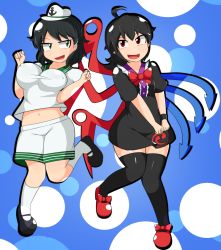 Rule 34 | 2girls, :d, ahoge, anchor symbol, asymmetrical hair, asymmetrical wings, black hair, black legwear, blush, bouncing breasts, bow, breasts, bubble background, dress, covered erect nipples, forearms at chest, green eyes, hat, houjuu nue, manorea, mary janes, medium breasts, midriff, multiple girls, murasa minamitsu, naughty face, navel, open mouth, pointy ears, sailor collar, sailor hat, footwear bow, shoes, short dress, short hair, shorts, small breasts, smile, socks, standing, standing on one leg, thighhighs, touhou, tsurime, wings, wristband, zettai ryouiki