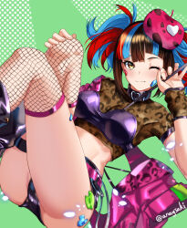 Rule 34 | 1girl, animal print, aona (anagasaki), belt, beret, black bra, black hair, black shorts, blue hair, blush, bra, breasts, brown shirt, collar, cropped shirt, fate/grand order, fate (series), fishnet thighhighs, fishnets, green background, hat, highres, jacket, large breasts, leopard print, long hair, looking at viewer, multicolored hair, off shoulder, one eye closed, pink hat, pink jacket, red hair, sei shounagon (fate), shirt, short shorts, short sleeves, shorts, smile, solo, thighhighs, thighs, twintails, underwear, yellow eyes