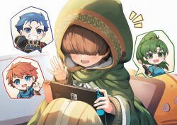 Rule 34 | 1girl, 1other, 2boys, aged down, armor, bean bag chair, black gloves, blue cape, blue eyes, blue hair, cape, cloak, eliwood (fire emblem), fingerless gloves, fire emblem, fire emblem: the blazing blade, fire emblem heroes, game boy advance, gloves, green cloak, green eyes, green hair, green hoodie, grin, hair over eyes, handheld game console, hector (fire emblem), highres, holding, holding handheld game console, hood, hoodie, incoming fist bump, knees up, lyn (fire emblem), mark (fire emblem: the blazing blade), multiple boys, nakabayashi zun, nintendo, nintendo switch, no eyes, open mouth, ponytail, red hair, sitting, smile, speech bubble, v-shaped eyebrows, waving, white background