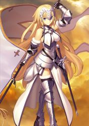 Rule 34 | 1girl, armor, armpit crease, bare shoulders, battle standard, black gloves, blonde hair, blue eyes, blurry, breasts, chain, cleavage, collar, collarbone, cowboy shot, dress, elbow gloves, fate/grand order, fate (series), flag, fur trim, gauntlets, gloves, headgear, holding, jeanne d&#039;arc (fate), jeanne d&#039;arc (ruler) (fate), large breasts, long hair, looking at viewer, official art, parted lips, simple background, sleeveless, sleeveless dress, solo, thighhighs, thighs, very long hair, white background, white dress