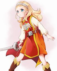 Rule 34 | 1girl, anlucea, belt, blonde hair, blue eyes, blush, boots, brown footwear, cape, closed mouth, cowboy shot, dragon quest, dragon quest x, hairband, holding, holding sword, holding weapon, long hair, long sleeves, mole, mole under mouth, red cape, serious, smile, solo, standing, sword, weapon, white background, white sleeves