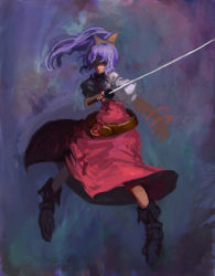 Rule 34 | 1girl, belt, binayu, boots, bow, bracelet, dress, expressionless, female focus, hair bow, jewelry, katana, long hair, long sleeves, looking at viewer, ponytail, purple hair, red dress, shaded face, silent sinner in blue, solo, sword, touhou, watatsuki no yorihime, weapon, yellow bow, yellow eyes