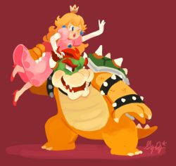 Rule 34 | armlet, blonde hair, bowser, crown, dress, gigi d.g., green shell (mario), horns, mario (series), nintendo, pink dress, princess peach, red background, red hair, source request, spiked armlet, standing