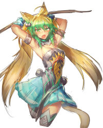 Rule 34 | 1girl, animal ears, armpits, atalanta (fate), bare shoulders, blonde hair, blush, bow (weapon), cat ears, cat tail, dress, fate/apocrypha, fate (series), flat chest, green eyes, green hair, hair ribbon, highres, long hair, looking at viewer, melon22, multicolored hair, open mouth, ribbon, simple background, solo, tail, thighhighs, twintails, wavy mouth, weapon, white background