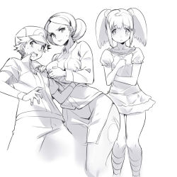 Rule 34 | 1boy, 2girls, angry, baseball cap, breasts, cleavage, clerk (pokemon), collarbone, creatures (company), cropped legs, game freak, greyscale, hair bun, hat, hip focus, knees, legs, lineart, mature female, monochrome, mother and son, multiple girls, naso4, nintendo, pokemon, pokemon (anime), pokemon origins, red (pokemon), reina (pokemon), short twintails, single hair bun, skirt, twintails, wide hips, wristband