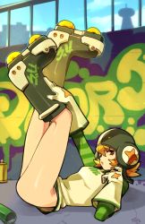 Rule 34 | 1girl, blonde hair, bottomless, breasts, commentary, dress, english commentary, from side, full body, gloves, graffiti, gum (jsr), helmet, inline skates, jet set radio, jet set radio future, legs up, long sleeves, looking at viewer, lying, no panties, on back, on ground, optionaltypo, red eyes, roller skates, sega, short dress, skates, small breasts, solo, spray can, spray paint, striped sleeves, white dress, white gloves