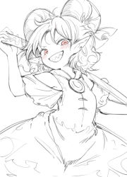 Rule 34 | 1girl, blush, breasts, cowboy shot, dress, earrings, grin, harusame (unmei no ikasumi), horizontal pupils, horns, jewelry, looking at viewer, monochrome, open mouth, pink eyes, pointy ears, sharp teeth, short hair, short sleeves, sketch, small breasts, smile, solo, spot color, teeth, touhou, toutetsu yuuma, v-shaped eyebrows