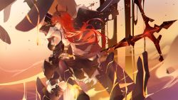 Rule 34 | 1girl, arknights, bare shoulders, belt, black dress, black thighhighs, blush, breasts, burnt clothes, closed mouth, cowboy shot, dress, from behind, highres, holding, holding sword, holding weapon, horns, huge weapon, large breasts, long hair, looking at viewer, looking back, lava, purple eyes, red hair, sideboob, smile, solo, surtr (arknights), sword, thighhighs, turbulence, very long hair, weapon