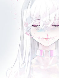 Rule 34 | 1girl, absurdres, air bubble, blood, blood on face, blush, bubble, choker, closed eyes, closed mouth, collarbone, eyeshadow, gradient background, hair between eyes, highres, long hair, makeup, mik3d, nosebleed, original, pink choker, portrait, purple eyeshadow, upper body, white hair, white theme