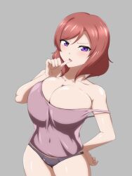 Rule 34 | 1girl, alternate breast size, bare shoulders, breasts, large breasts, looking at viewer, love live!, medium hair, nishikino maki, open mouth, purple eyes, red hair, solo, standing, uzumiyosi
