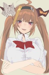 Rule 34 | 1girl, ahoge, alternate costume, alternate hairstyle, bow, bowtie, breasts, crossed arms, hairband, highres, hololive, horn bow, horns, kiryu coco, large breasts, long hair, looking at viewer, multicolored hair, open mouth, orange hair, pointy ears, red bow, red eyes, shirt, simple background, smug, streaked hair, striped, striped bow, tagicrabbu, taut clothes, taut shirt, twintails, upper body, virtual youtuber, white bow, white shirt