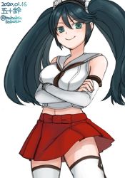Rule 34 | 1girl, black hair, blue eyes, bobokuboboku, character name, commentary request, crossed arms, detached sleeves, isuzu (kancolle), kantai collection, long hair, looking at viewer, navel, one-hour drawing challenge, pleated skirt, red skirt, sailor collar, school uniform, serafuku, simple background, skirt, smile, smug, solo, standing, thighhighs, twintails, twitter username, white background, white sailor collar, white thighhighs
