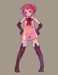 Rule 34 | 1girl, blue eyes, boots, dress, elbow gloves, gloves, hands on own hips, latex, latex dress, original, red hair, see-through, short hair, short twintails, simple background, solo, thigh boots, thigh gap, thighhighs, thighs, twintails, weno