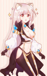 Rule 34 | 1girl, animal ear fluff, animal ears, black coat, black gloves, black pants, blush, breasts, cat ears, cleavage, coat, commentary request, drop shadow, feet out of frame, gem, gloves, halterneck, highres, jewelry, light (luxiao deng), long hair, looking at viewer, medium breasts, open mouth, pants, pink hair, ragnarok online, red eyes, ring, solo, sparkle, striped, striped background, suspenders, thighhighs, vertical stripes, very long hair, warlock (ragnarok online), white thighhighs, yellow background