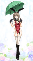 Rule 34 | 1girl, adapted costume, animal ears, black footwear, black gloves, black ribbon, boots, breasts, brown eyes, brown hair, cleavage, closed mouth, collar, commentary request, covered navel, cross-laced footwear, detached collar, fake animal ears, flower, folding fan, garter straps, girls und panzer, gloves, hand fan, high collar, highleg, highres, holding, holding fan, holding umbrella, hydrangea, knee boots, lace-up boots, large breasts, leotard, long hair, looking at viewer, mature female, neck ribbon, oosaka kanagawa, partial commentary, playboy bunny, rabbit ears, red leotard, ribbon, shimada chiyo, skindentation, sleeveless, smile, solo, standing, thigh gap, thighhighs, umbrella, white collar, white thighhighs
