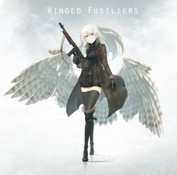 Rule 34 | 1girl, artist name, asterisk kome, belt, bird wings, black footwear, black jumpsuit, black thighhighs, boots, brown coat, closed mouth, coat, commentary, copyright name, emblem, gun, highres, holding, holding gun, holding weapon, jumpsuit, knee boots, long hair, looking at viewer, low wings, open clothes, open coat, pouch, short jumpsuit, signature, silver hair, smile, solo, spread wings, standing, submachine gun, thighhighs, thompson submachine gun, utility belt, weapon, white wings, wind, winged fusiliers, wings, yellow eyes, zipper