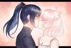 1boy 1girl animal_ear_fluff animal_ears aqing_1229 black_hair cat_ears cat_girl closed_eyes collarbone commentary_request couple high_ponytail highres kiss korean_commentary letterboxed long_hair medium_hair mio_(xenoblade) noah_(xenoblade) outside_border white_hair xenoblade_chronicles_(series) xenoblade_chronicles_3