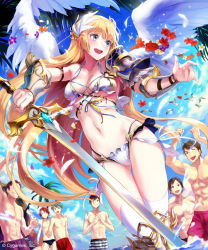 Rule 34 | 10s, 1girl, 6+boys, :d, angel wings, armor, bikini, bird, blonde hair, blue sky, breasts, cleavage, cloud, comet (teamon), company name, day, flower, long hair, male swimwear, medium breasts, multiple boys, navel, official art, open mouth, outdoors, palm tree, print male swimwear, print swim trunks, print swimsuit, purple male swimwear, purple swim trunks, red male swimwear, red swim trunks, seagull, shingeki no bahamut, short hair, sky, smile, solo focus, striped male swimwear, striped swim trunks, swim briefs, swim trunks, swimsuit, sword, thighhighs, topless male, tree, wading, water, weapon, white male swimwear, white swim trunks, white thighhighs, wings