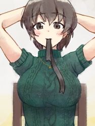 Rule 34 | 10s, 1girl, bad id, bad pixiv id, breasts, brown eyes, brown hair, casual, chair, closed mouth, girls und panzer, green sweater, hair ribbon, hair tie in mouth, highres, jewelry, koyama yuzu, large breasts, looking at viewer, mouth hold, necklace, ribbed sweater, ribbon, short hair, short sleeves, sitting, solo, sweater, traditional media, tsunosame, turtleneck, upper body