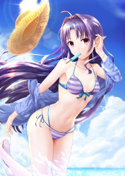 Rule 34 | 1girl, absurdres, ahoge, arm behind back, armpits, bikini, blurry, bokeh, bow, bow bikini, breasts, collarbone, depth of field, food, hair intakes, hand in own hair, hat, highres, jacket, jacket over swimsuit, leaning forward, long hair, looking at viewer, mouth hold, navel, pointy ears, popsicle, purple hair, red eyes, shoes, side-tie bikini bottom, small breasts, solo, standing, standing on one leg, straw hat, striped bikini, striped clothes, swimsuit, sword art online, unworn shoes, water, yuuki (sao), yuuzetu
