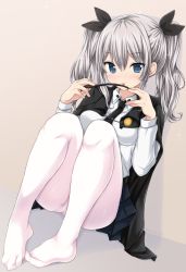 Rule 34 | 10s, 1girl, anchovy (cosplay), anchovy (girls und panzer), bad id, bad twitter id, black skirt, blue eyes, cape, cosplay, dress shirt, feet, girls und panzer, kantai collection, kashima (kancolle), long hair, lying, miniskirt, necktie, nijimotohiro k, no shoes, panties, panties under pantyhose, pantyhose, pantyshot, pleated skirt, riding crop, shirt, silver hair, skirt, tongue, tongue out, twintails, underwear, wavy hair, white pantyhose