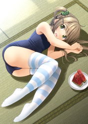 Rule 34 | 1girl, arms up, ass, bare arms, bare shoulders, blue one-piece swimsuit, blush, brown hair, commentary request, food, fruit, green eyes, green scrunchie, hair ornament, hair scrunchie, hairclip, highres, lying, no shoes, on floor, on side, one-piece swimsuit, open mouth, original, plate, school swimsuit, scrunchie, shibacha, side ponytail, solo, striped clothes, striped thighhighs, swimsuit, tatami, thighhighs, watermelon