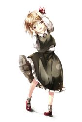 Rule 34 | 1girl, blonde hair, d:, frilled skirt, frills, full body, gorilla (bun0615), hair ribbon, hand on own head, hands on own face, highres, holding head, open mouth, ribbon, rumia, shirt, short hair, simple background, skirt, solo, touhou, vest, white background, yellow eyes