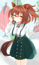 Rule 34 | 1girl, absurdres, adjusting eyewear, animal ears, aston machan (umamusume), black dress, blush, brown hair, buttons, closed mouth, collared dress, commentary request, cowboy shot, cropped legs, double-breasted, dress, highres, horse ears, horse girl, kudo (user dzch8572), long sleeves, looking at viewer, medium hair, official alternate costume, outdoors, pink background, ponytail, purple ribbon, red-framed eyewear, ribbon, semi-rimless eyewear, shopping, simple background, smile, solo, umamusume, yellow eyes