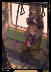 Rule 34 | 2girls, artist name, black border, black pants, border, brown eyes, brown hair, carrying, cellphone, closed mouth, coat, commentary request, crocs, dive to zone, focused, green coat, hand grip, holding, holding phone, long hair, long sleeves, multiple girls, original, pants, phone, scarf, shoes, short hair, shoulder carry, sitting, sitting on person, smartphone, sneakers, tomioka jirou, train interior, white footwear, yellow scarf