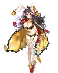 Rule 34 | 1girl, animal ears, bell, black hair, breasts, bunny girl, cape, cleavage, fake animal ears, fishnets, floral print, flower, full body, garter straps, hair flower, hair ornament, high heels, highres, large breasts, long hair, looking at viewer, navel, nether, official art, rabbit ears, rabbit tail, red eyes, royal flush heroes, smile, solo, tail, thighhighs, transparent background