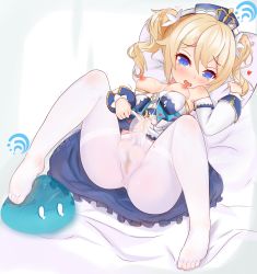 Rule 34 | 1futa, absurdres, artist request, barbara (genshin impact), blonde hair, blue eyes, blush, breasts, breasts out, bulge, erection, erection under clothes, feet, full-package futanari, futanari, genshin impact, highres, long hair, lying, nipples, pantyhose, penis, pillow, pussy, see-through, solo, testicles, toes