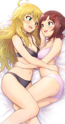 Rule 34 | 2girls, :d, absurdres, ahoge, amami haruka, ass, bare arms, bare legs, bare shoulders, bed sheet, black bra, black panties, blonde hair, blush, bow, bra, breasts, brown hair, cleavage, commission, eye contact, feet out of frame, from above, green eyes, hair bow, hand on another&#039;s cheek, hand on another&#039;s face, highres, hoshii miki, idolmaster, idolmaster (classic), long hair, looking at another, lying, medium breasts, multiple girls, navel, on bed, on side, open mouth, panties, pink bra, pink panties, pixiv commission, red bow, short hair, shuucream (syuichi), smile, underwear, underwear only, yuri