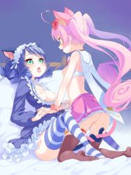 Rule 34 | 10s, 2girls, after kiss, ahoge, animal ears, ass, bed, black hair, blush, breasts, breasts out, brown legwear, cat ears, cat tail, curly hair, cyan (show by rock!!), fang, gothic lolita, green eyes, hair ornament, hairband, heart, heart ahoge, heart hair ornament, highres, interlocked fingers, intertwined tails, lolita fashion, lolita hairband, long hair, long sleeves, multiple girls, nipples, no bra, no panties, non-web source, open mouth, pink hair, pussy, pussy juice, rosia (show by rock!!), saliva, saliva trail, scrunchie, show by rock!!, skirt, small breasts, smile, striped clothes, striped legwear, striped thighhighs, tail, tail wrap, takano natsuki, thighhighs, twintails, very long hair, wrist scrunchie, yuri