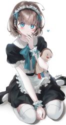 Rule 34 | 1girl, apron, between legs, black dress, black footwear, blue eyes, blush, brown hair, closed mouth, collared dress, commentary, commission, dress, frilled apron, frills, hand between legs, hand up, heart, highres, looking at viewer, maid, maid headdress, hugging object, original, puffy short sleeves, puffy sleeves, sha2mo, shadow, shoes, short sleeves, signature, sitting, skeb commission, smile, solo, stuffed toy, thighhighs, wariza, white apron, white background, white thighhighs, wrist cuffs