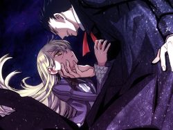 Rule 34 | 1boy, 1girl, akira (kaned fools), black hair, blonde hair, dress, eye contact, face-to-face, floral print, formal, game cg, grabbing another&#039;s chin, hand on another&#039;s chin, heterochromia, james moriarty, long hair, long sleeves, looking at another, mary clarissa christie, parted lips, puffy long sleeves, puffy sleeves, purple dress, red ribbon, ribbon, shikkoku no sharnoth, spiked hair, steampunk (liarsoft), swept bangs, very long hair, yellow eyes