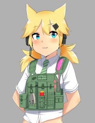 Rule 34 | :3, animal ears, animal print, arms behind back, blonde hair, blue eyes, blush, bulletproof vest, capoki, cat ears, cat teaser, commentary, diagonal-striped clothes, diagonal-striped necktie, english text, fang, fang out, fish print, girls&#039; frontline, green necktie, green vest, grey background, hair ornament, hairclip, headset, idw (girls&#039; frontline), looking at viewer, necktie, pouch, profanity, shirt, short twintails, shotgun shell, simple background, sleeves rolled up, striped clothes, toy mouse, twintails, union jack, upper body, vest, white shirt