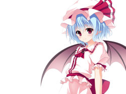 Rule 34 | :3, ascot, bat wings, blouse, blue hair, bow, brooch, buttons, collared shirt, dress, frilled dress, frilled shirt, frilled skirt, frills, hat, hat bow, jewelry, junior27016, large bow, looking at viewer, mob cap, pointy ears, puffy sleeves, red eyes, remilia scarlet, ribbon, shirt, short sleeves, simple background, skirt, skirt set, solo, touhou, white background, wings