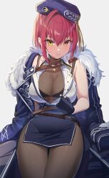 Rule 34 | 1girl, belt, beret, black bra, black gloves, blue coat, bodystocking, bra, breasts, brown belt, cleavage, clothes pull, coat, coat on shoulders, fingerless gloves, flashing, fur-trimmed coat, fur trim, gloves, hat, heart, heart necklace, heterochromia, highres, hololive, houshou marine, houshou marine (businesswoman), jewelry, large breasts, looking at viewer, miniskirt, necklace, official alternate costume, official alternate hair length, official alternate hairstyle, pantyhose, parted lips, pulling own clothes, red eyes, red hair, reulem, see-through, see-through cleavage, shirt pull, short hair, side slit, simple background, sitting, skirt, solo, thighs, underwear, virtual youtuber, white background, wing collar, yellow eyes
