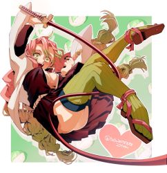 Rule 34 | 1girl, black skirt, braid, breasts, cleavage, coat, dango, food, full body, gradient hair, green eyes, green hair, green thighhighs, haori, heart, highres, japanese clothes, kanroji mitsuri, katana, kimetsu no yaiba, large breasts, long hair, long sleeves, looking at viewer, low-tied long hair, medium breasts, miniskirt, mole, mole under eye, morita yuu, multicolored hair, open mouth, partially unbuttoned, patterned background, pink hair, pleated skirt, ribbed legwear, sandals, skirt, smile, solo, sword, thighhighs, thighs, tri braids, twitter username, two-tone hair, uniform, wagashi, weapon, whip sword, wide sleeves