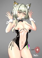 Rule 34 | 1girl, absurdres, animal ears, arknights, bow, bowtie, breasts, cat ears, cleavage, cleft of venus, condom, detached collar, green eyes, green hair, grey background, heart, heart-shaped pupils, highres, impregnation, kal&#039;tsit (arknights), leotard, meme attire, multiple condoms, navel, nipples, open mouth, playboy bunny, pussy, short hair, simple background, snafu (snafy snu), solo, symbol-shaped pupils, translucent bunnysuit, uncensored, used condom, wrist cuffs