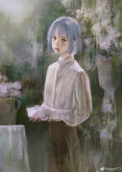 Rule 34 | 1girl, absurdres, black skirt, blue eyes, blue hair, faux traditional media, flower, flower pot, highres, holding, light blue hair, long sleeves, looking at viewer, original, outdoors, parted lips, realistic, shirt, shirt tucked in, short hair, sidelocks, skirt, solo, standing, weibo logo, weibo username, white flower, white shirt, yaoy