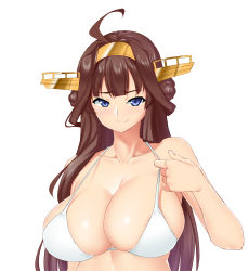 Rule 34 | 10s, 1girl, blue eyes, breasts, brown hair, cleavage, highres, kantai collection, kongou (kancolle), large breasts, long hair, looking at viewer, mokkori9, sagging breasts, simple background, smile, solo, swimsuit, upper body, white background